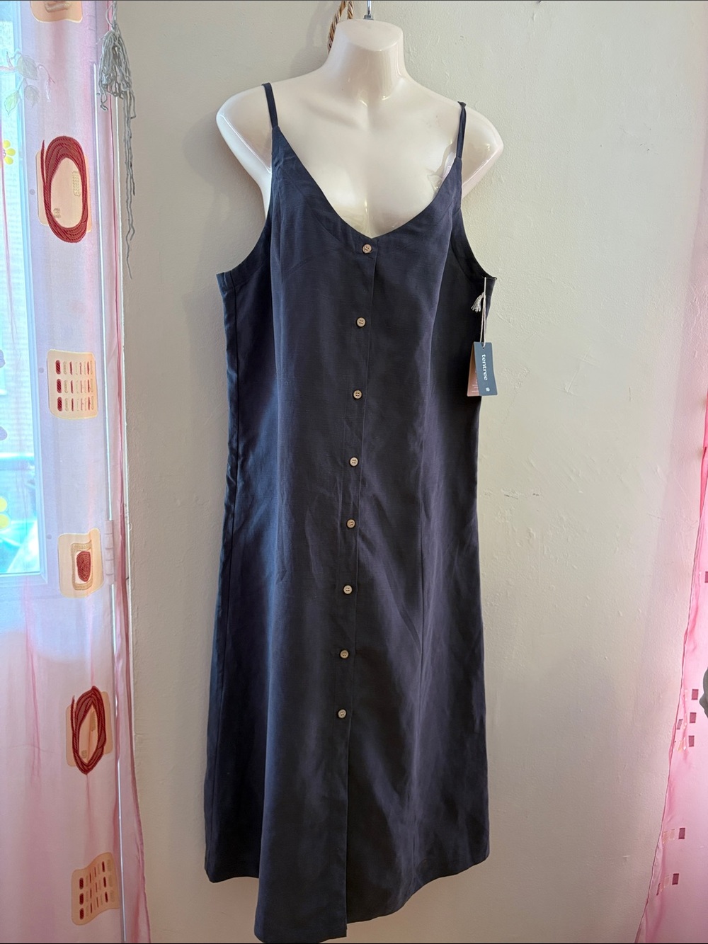 tentree Navy Button-Front Slip Maxi Dress with Thin Straps. Linen. TENCEL
